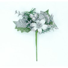 Silver Wreath Pick with Holly Leaves, A Poinsettia, Berries & Pine Sprigs (lot of 1 Bag - 12 Picks Per Bag) SALE ITEM
